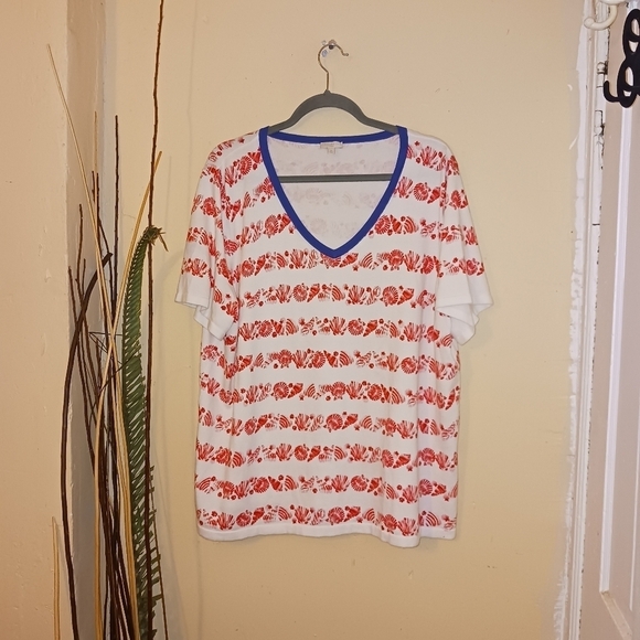 Talbots womans white/red seashells blue vneck top size 3X - Picture 1 of 7